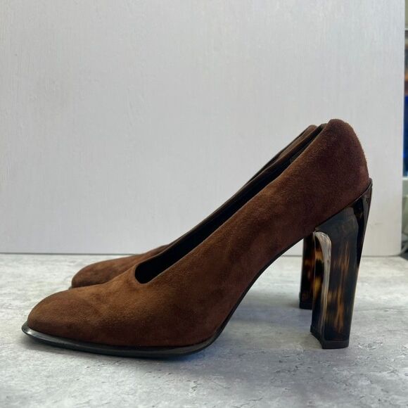 Via Spiga Square Toe Brown Suede Tortoise Lucite Heel Pumps Womens Size 10M - Picture 2 of 12